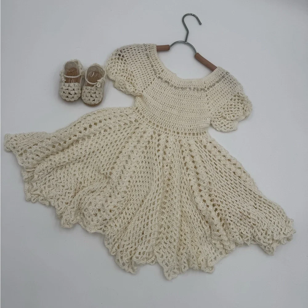 Cream Crochet Baby Dress with Shoes